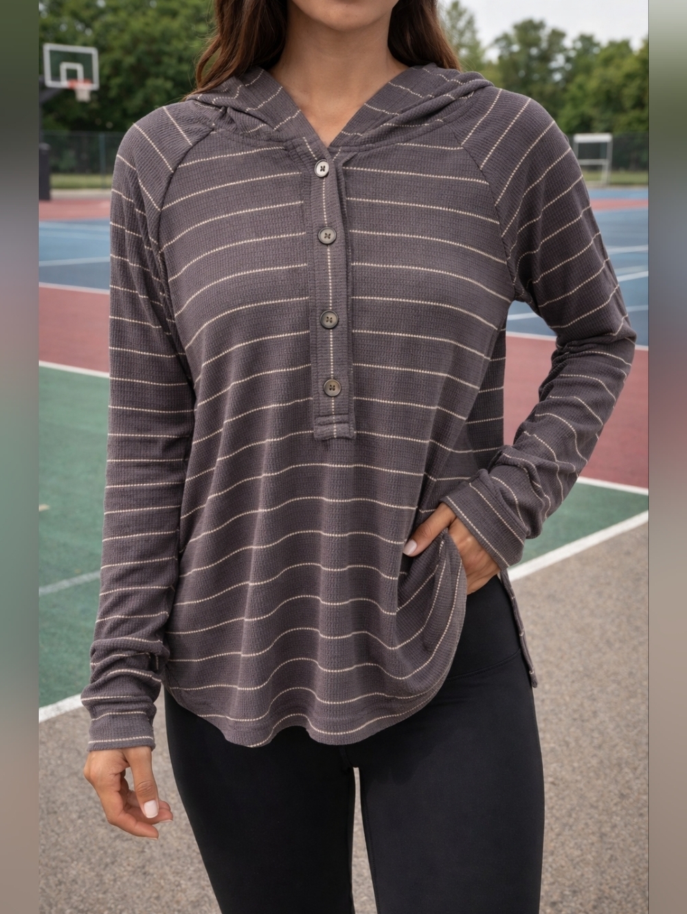 NWT - Entro Gray Womens Striped Hooded Button-Up Long Sleeve Top